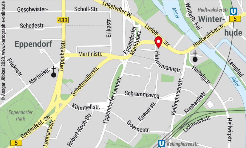 Skizze des Anfahrtsweges zu Cummerow Elektro-Anlagen, dem Elektriker in Hamburg-Eppendorf, in der Ludolfstraße 40 (also nahe der Stadtteilgrenze zu Winterhude).